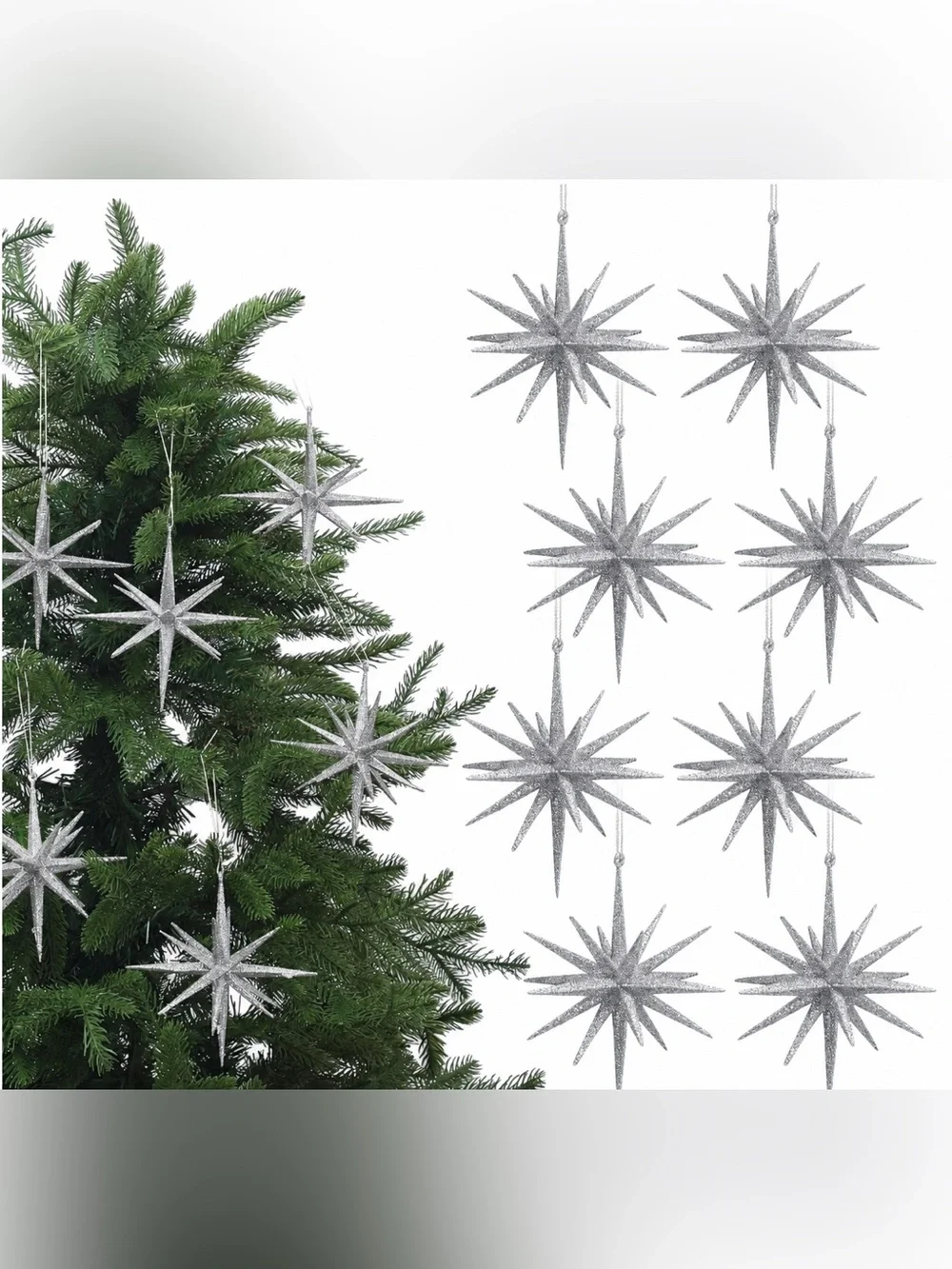 Glitter Silver Starburst Holiday Ornaments - 8 Piece NEW IN BOX     🎄🩶🎄6”